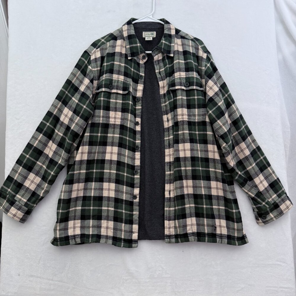 LL Bean Flannel Shirt Mens L Green Plaid Fleece Line Shacket  Button Up